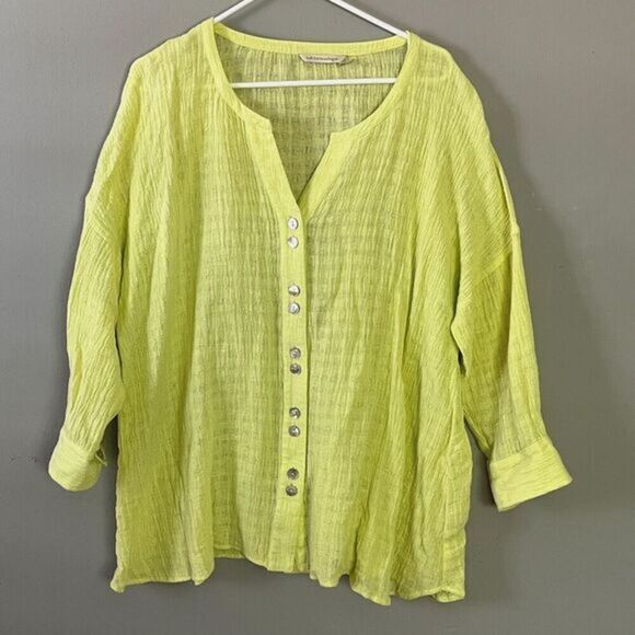 Soft Surroundings Womens Tunic Top Linen‎ Cotton Button Sz L Neon Yellow Breezy - Picture 1 of 7
